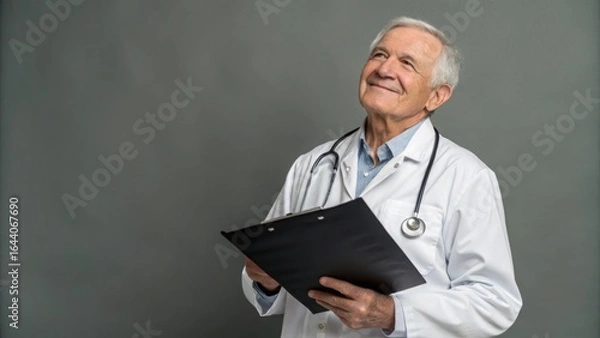 Fototapeta Thoughtful senior doctor in lab coat holding a clipboard looking optimistically to the future Simple