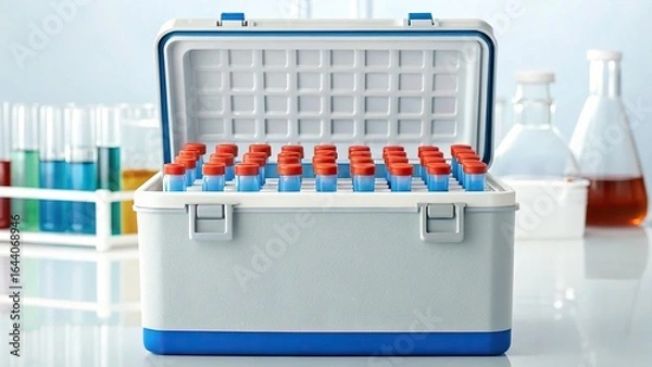 Fototapeta Dengue and Chikungunya Outbreak. A portable cooler filled with vials, ideal for transporting biological samples, set against a backdrop of laboratory equipment.