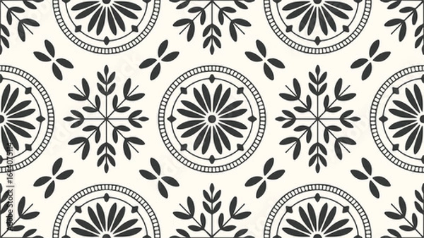 Fototapeta Monochrome Floral Tile Pattern Design for Home Decor Accent Fabric or Stationary Goods with Simple Botanical Ornamentation