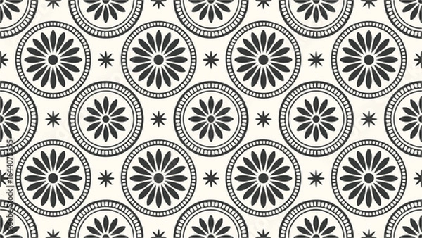 Fototapeta Elegant Floral Medallion Pattern with Geometric Stars a Seamless Repeat Design Perfect for Textiles and Wallpaper in Black and White
