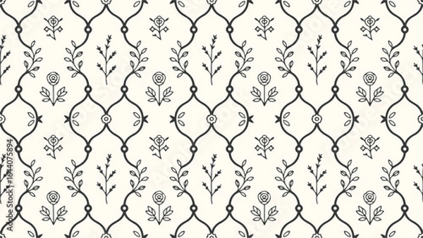 Fototapeta Elegant Botanical Wallpaper with Floral Accents Seamless Pattern Black and White Curving Vines and Pretty Blossoms Create a Whimsical Design