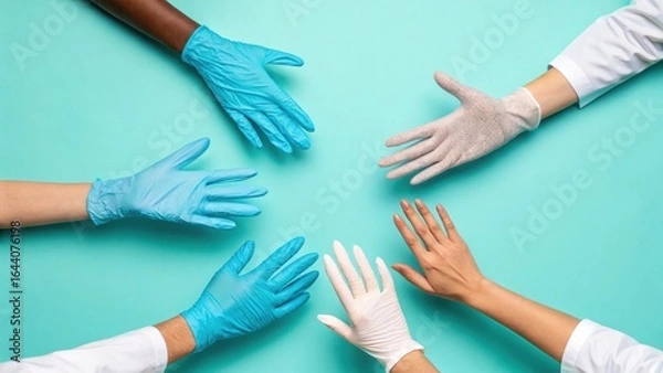 Fototapeta Collaborative hands reaching out in unity symbolizing teamwork and diverse professional care against
