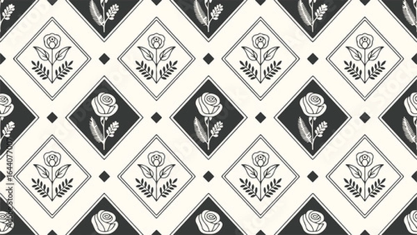 Fototapeta Elegant Floral Diamond Pattern Featuring Roses and Ferns, Monochrome Design with a Timeless Aesthetic, Decorative Textile Print