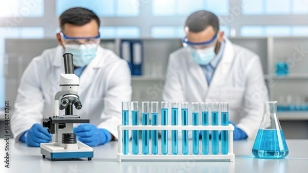 Fototapeta Two scientists in a lab coats discovering new cures with a microscope and blue liquid in clear