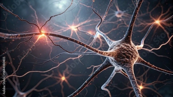 Fototapeta Neural network ignites with bright synapses firing electrical signals a complex biological