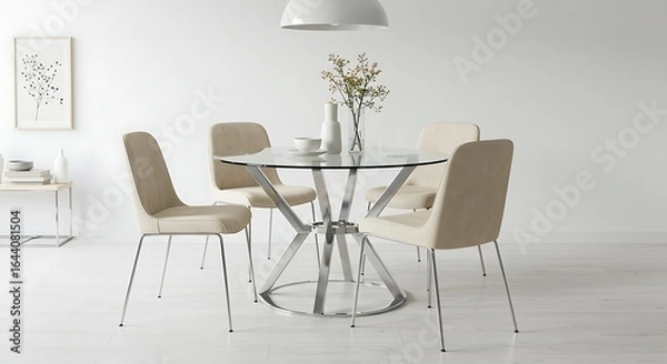 Obraz modern dining room white dining space, round glass table, chrome base, mid century chairs, soft light