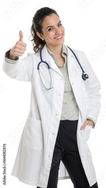 Fototapeta A cheerful female doctor giving a thumbs up of approval in a clean setting with a bright white