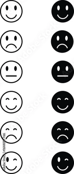 Fototapeta Set of smileys. Emotional rating faces from sad to happy. Feedback emoji vector set. Face smile icon positive negative neutral opinion vector signs symbol. B\W smileys user experience survey icons
