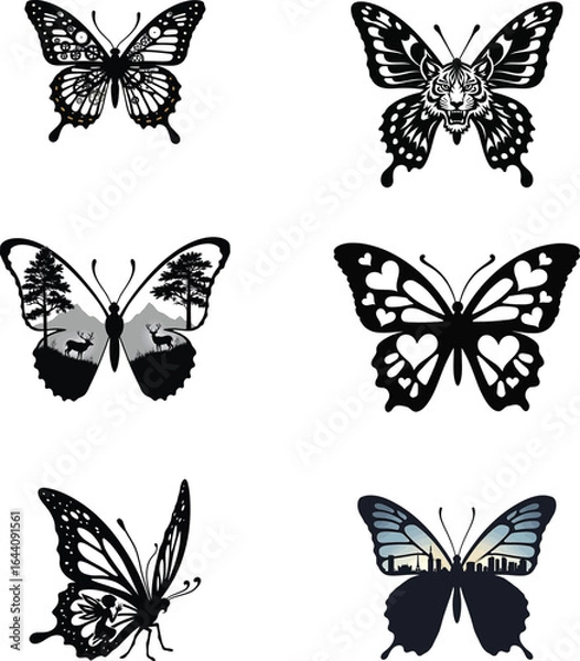 Fototapeta Butterfly silhouette collection with hearts forest deer city skyline and tiger face
