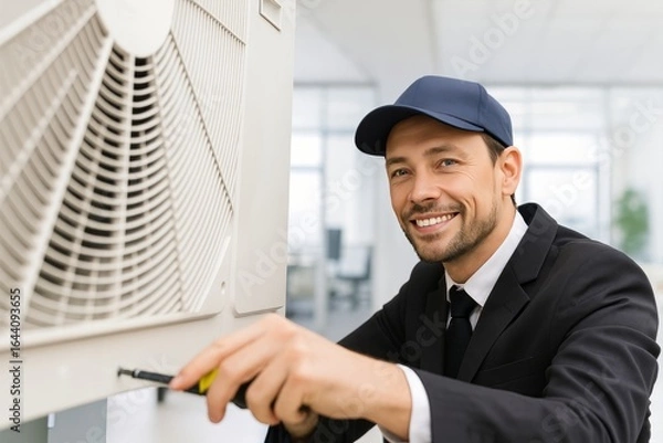 Fototapeta Skilled Technician Performing Maintenance on Air Conditioning Unit in Modern Office Environment with Bright Natural Lighting