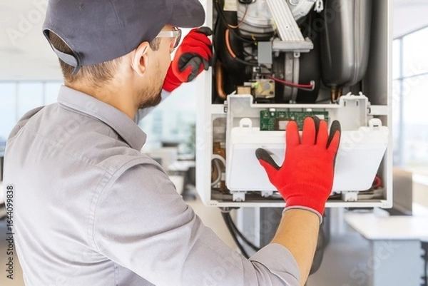 Fototapeta Technician in Red Gloves Repairing High-Tech Equipment in Modern Office Space with Bright Windows and Clean Aesthetic