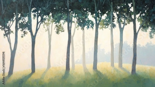 Fototapeta Dappled forest light filtering through trees