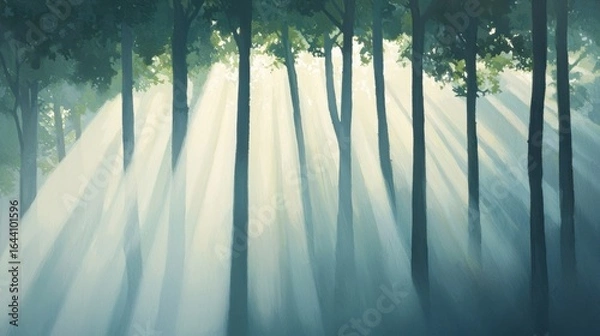 Fototapeta Sunbeams filtering through forest trees