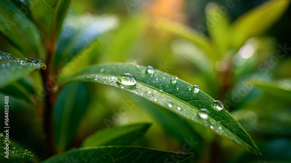 Fototapeta Macro view of a vibrant green leaf adorned with glistening water droplets image
