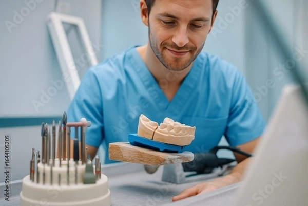Fototapeta Skilled Dental Technician Working on Prosthetic Teeth in a Modern Dental Laboratory with Advanced Equipment and Tools