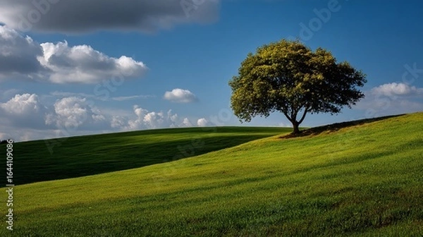 Obraz Lonely Green Tree on a Rolling Hill under a Blue Sky - Tranquil Landscape