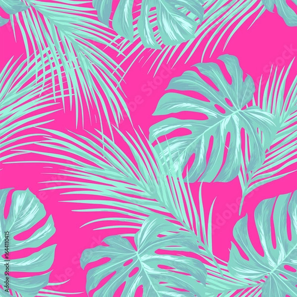 Fototapeta Green tropical palm leaves seamless vector pattern on the black background. Trendy summer print.	
