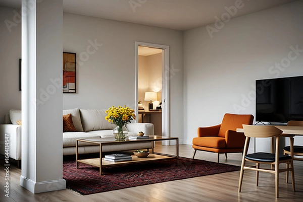 Fototapeta Chic modern living room with comfortable seating and a warm, inviting atmosphere, perfect for relaxation and entertaining guests in a stylish home interior.