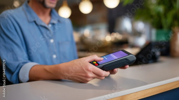 Fototapeta Secure Contactless Payment at a Modern Cafe Counter