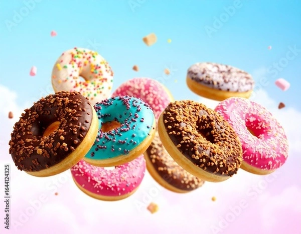 Fototapeta Doughnut donuts in various toppings in dreamy cloud land