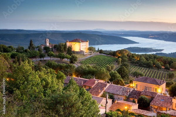 Fototapeta View of Aiguines village with charming chateau and church overlooking Lac de Sainte Croix Lake, Var department, Provence, France