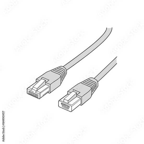 Obraz "Vector Ethernet Cable Icon – Stylized Illustration of RJ45 Connectors at Both Ends of a Black Cable – Flat Design Representing Wired Internet Connection, Networking Hardware, Data Transmission, and D