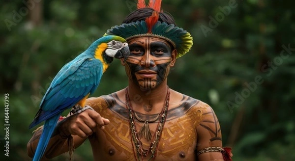 Fototapeta Portrait of an Indigenous Amazonian Man with a Macaw Parrot
