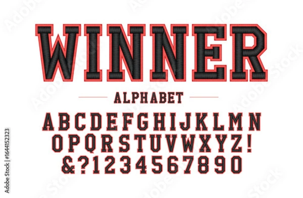 Obraz Abstarct college classic font. Vintage sports font in American style for T-shirt designs for football, baseball, and basketball teams. College, school and varsity style font, tackle twill. Vector
