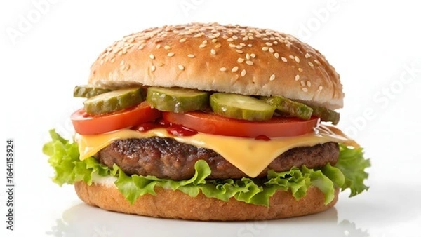 Fototapeta Classic Cheeseburger with Fresh Toppings on a White Background, Isolated Hamburger with Melted Cheese, Tomato, and Pickles, Simple and Clean A Traditional Cheeseburger for Advertising