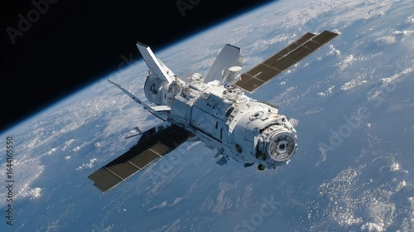 Fototapeta Spacecraft orbiting Earth, a view of technological advancement