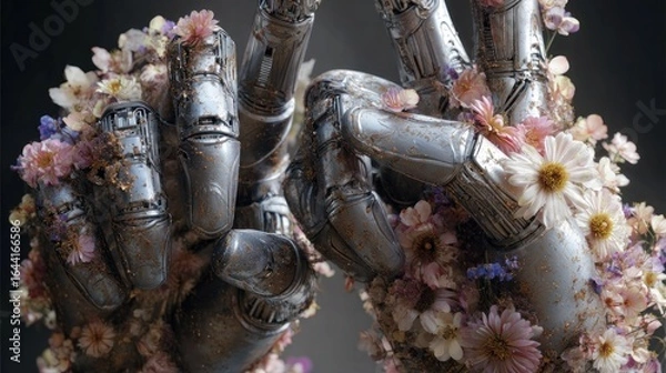 Fototapeta Mechanical Blooms: A Surreal Fusion of Steel and Petals