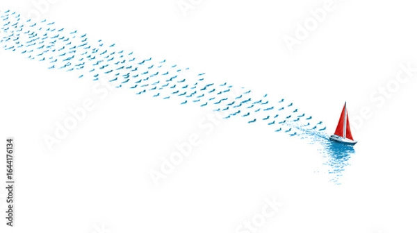 Fototapeta A Small Red Sailboat Sailing on Blue Water Leaving a Trail of Blue Water Splashes, Minimalist Nautical Illustration with a Red and Blue Color
