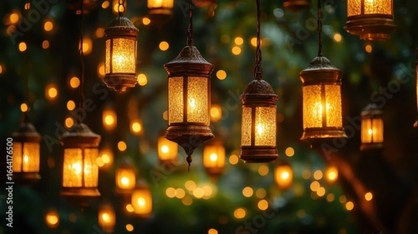 Fototapeta Beautiful Lanterns Hanging in a Garden with Soft Twinkling Lights