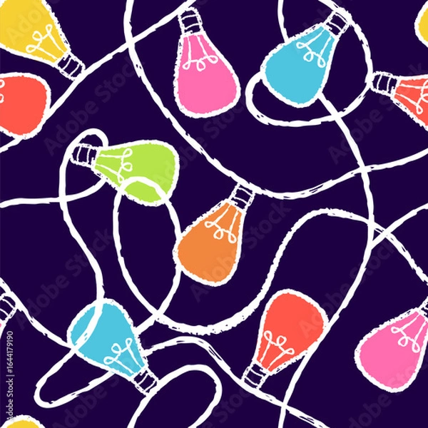 Fototapeta Seamless pattern with loops light bulbs garland. Vector pencil or chalk multicolor background with christmas lights