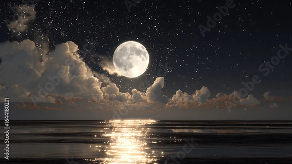 Fototapeta Luminous full moon illuminates starry night sky over calm ocean reflecting shimmering moonlight and dramatic clouds
