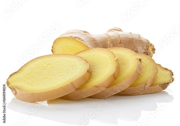 Fototapeta Fresh ginger root sliced and isolated on white background