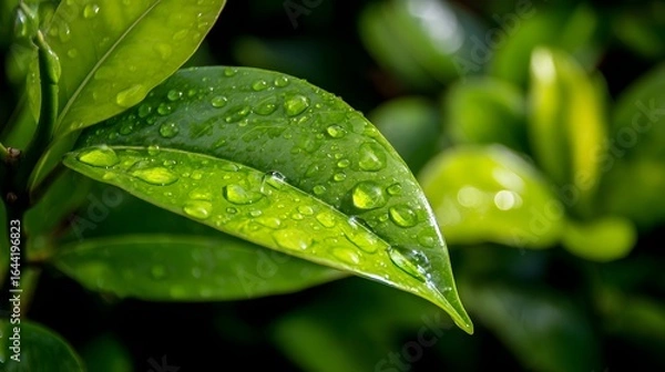 Fototapeta Close-up of a wet leaf covered in dew drops.