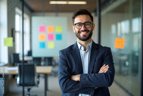 Fototapeta bearded man, standing in office, arms crossed, confident pose, wearing suit, glasses, colorful sticky notes on wall behind him