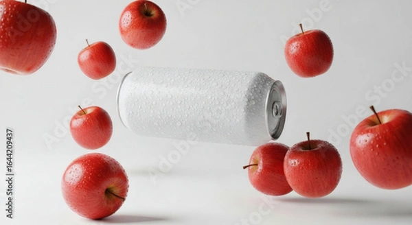 Fototapeta Refreshing Apple Soda Concept, A Sparkling Mix of Fruit and Fizz , A Cold Can and Fresh Red Apples Floating in Harmony