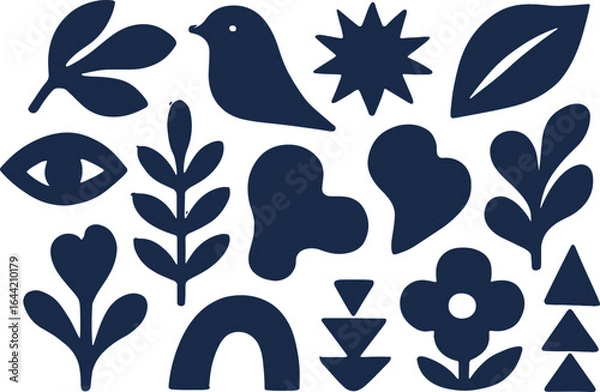 Fototapeta Abstract decorative silhouette shapes set including bird, flowers, leaves, hearts, geometric elements, and nature-inspired icons for modern folk art, minimal design, patterns, prints,