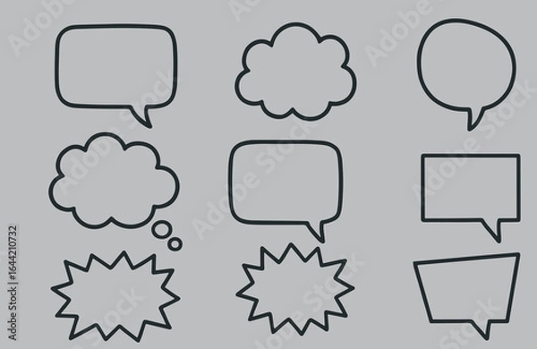 Fototapeta Set of blank comic speech bubbles and thought clouds in outline style for cartoon dialogue, pop art text design, retro comics, and graphic templates — perfect for doodle, talk, and conversation illust