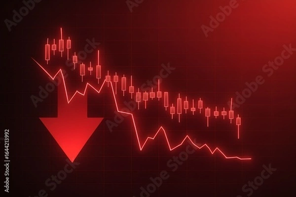 Fototapeta Abstract Neon Red Candlestick Chart with Downward Arrow Depicting Financial Market Decline on Dark Gradient Background