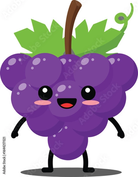 Obraz Cute smiling grape character with green leaves and brown stem in cartoon style vector illustration 