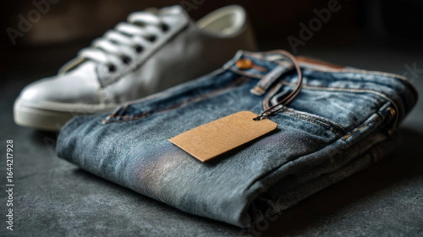 Fototapeta A pair of jeans and a white shoe are displayed on a table