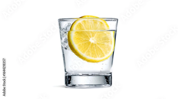 Fototapeta Closeup of a Glass of Sparkling Water with a Lemon Slice on a White Background a Refreshing Summer Drink Photography Studio Shot