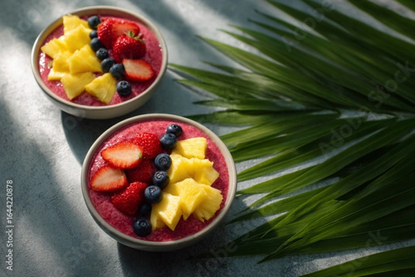 Fototapeta Healthy Fruit Smoothies Served in Exotic Setting