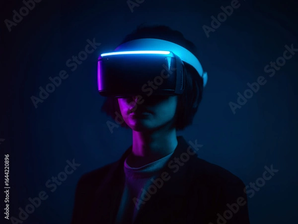 Fototapeta Portrait Person Wearing VR Goggles, Neon Backdrop