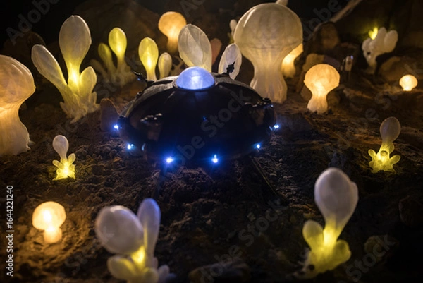Fototapeta Abstract Miniature of Another Planet with Giant Glowing Mushrooms. A Nighttime Scene on an Alien World, Illuminated by the Soft Glow of Otherworldly Fungi.