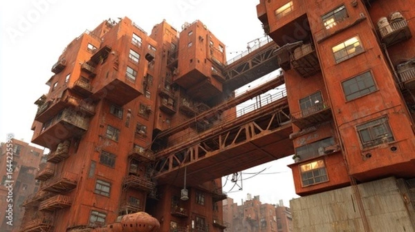 Fototapeta Rusty, layered apartment buildings connected by a bridge.