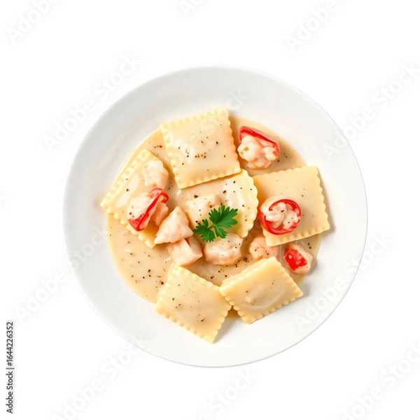 Fototapeta Lobster ravioli pasta with creamy sauce on white plate isolated on transparent background